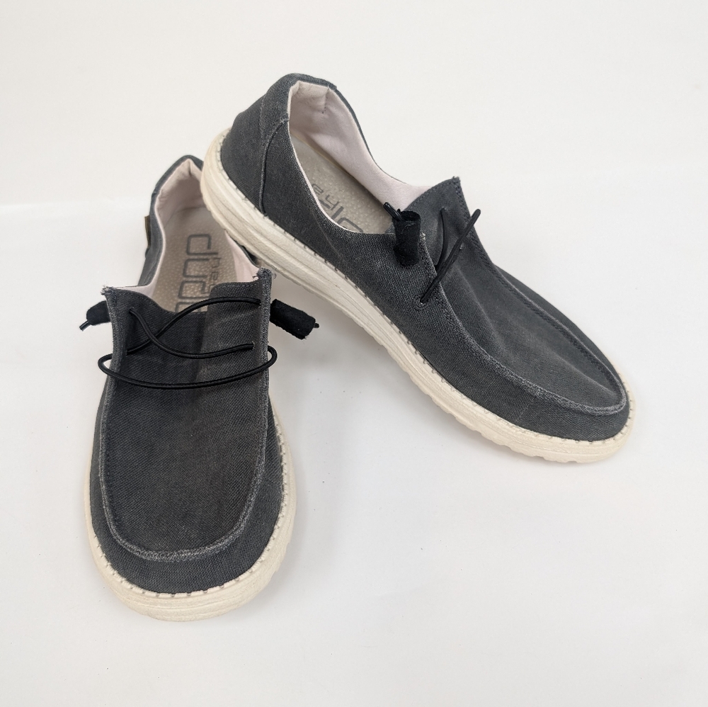 Hey Dude Chambray Off Black Wendy Slip On Boat Shoes Size 9